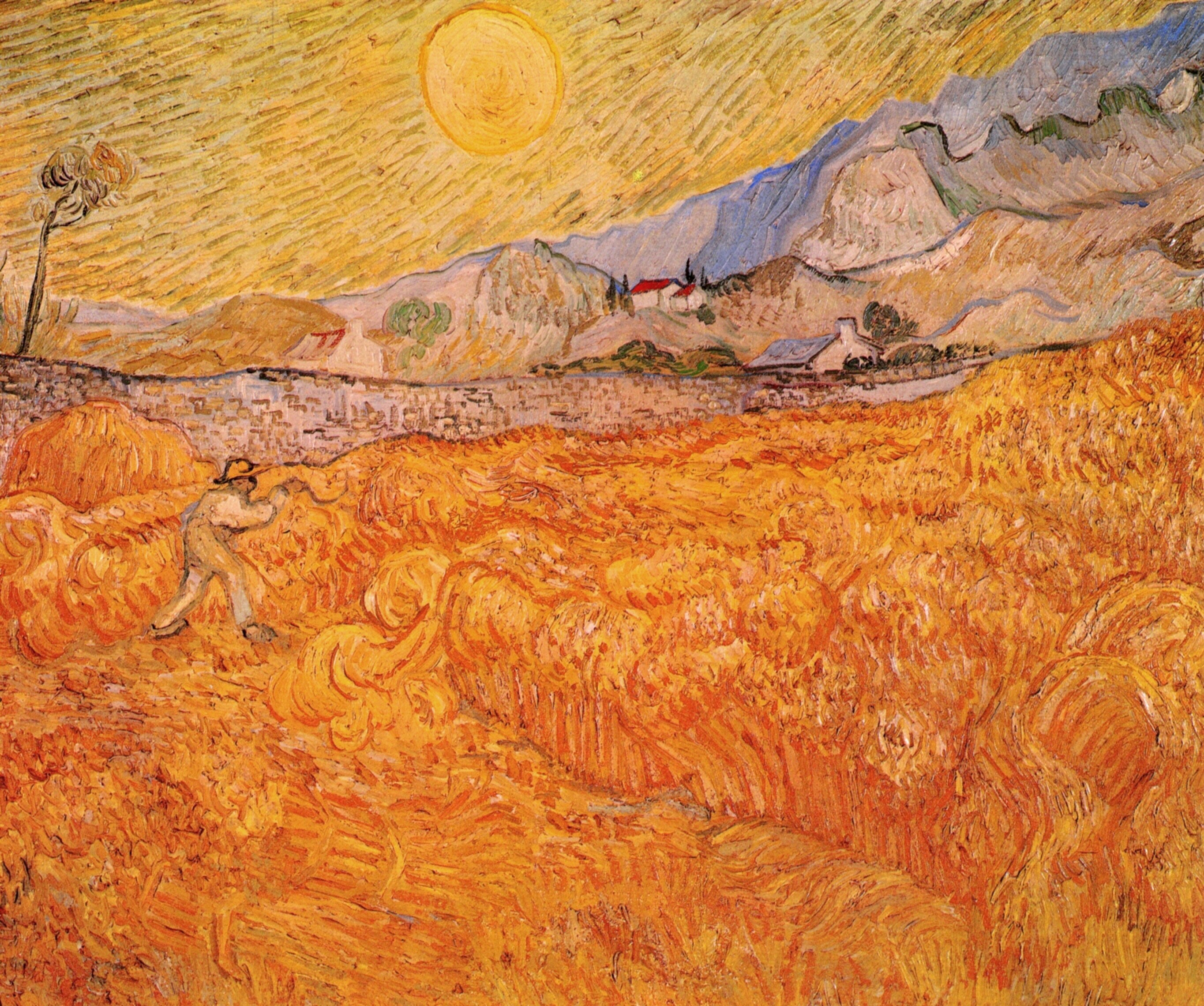 Картина Ван Гога Пшеничные поля с жнецом на рассвете 1889